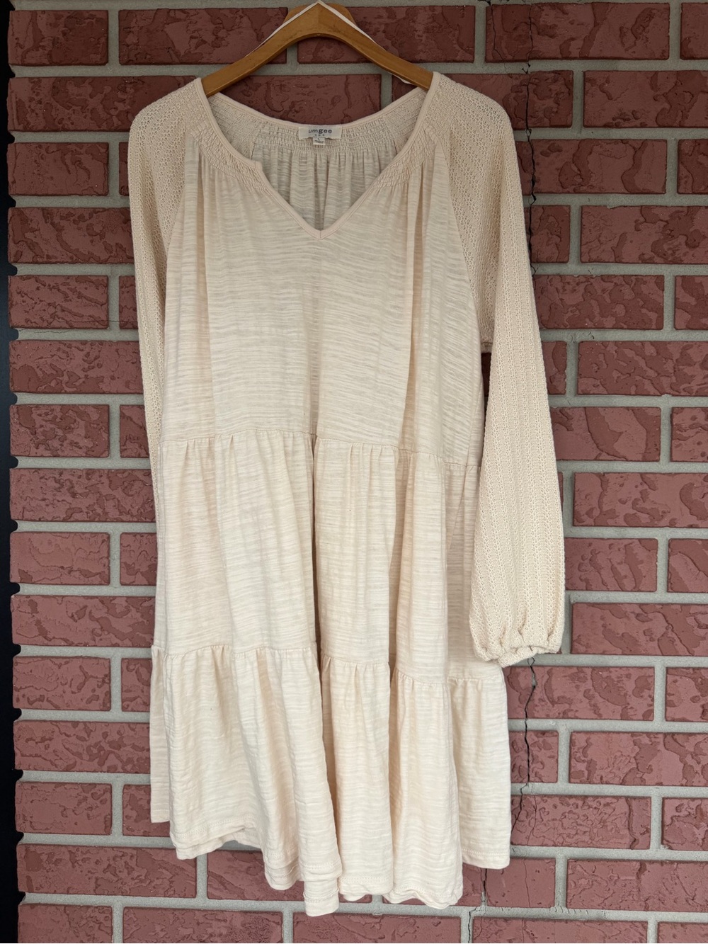 Umgee Light Cream Tiered V-Neck Long Sleeve Dress
